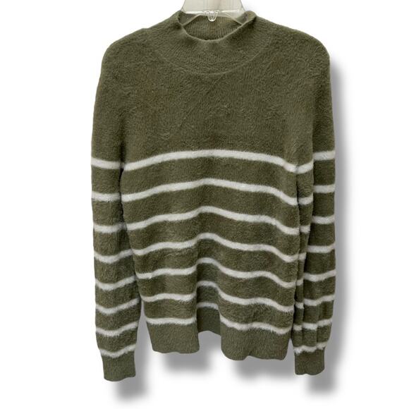 Bailey 44 fuzzy mock neck stripe sweater olive green white - Picture 2 of 6